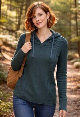 Eddie Bauer Women's Size M Teal Knit Hooded V-Neck Sweater with Lattice Detail